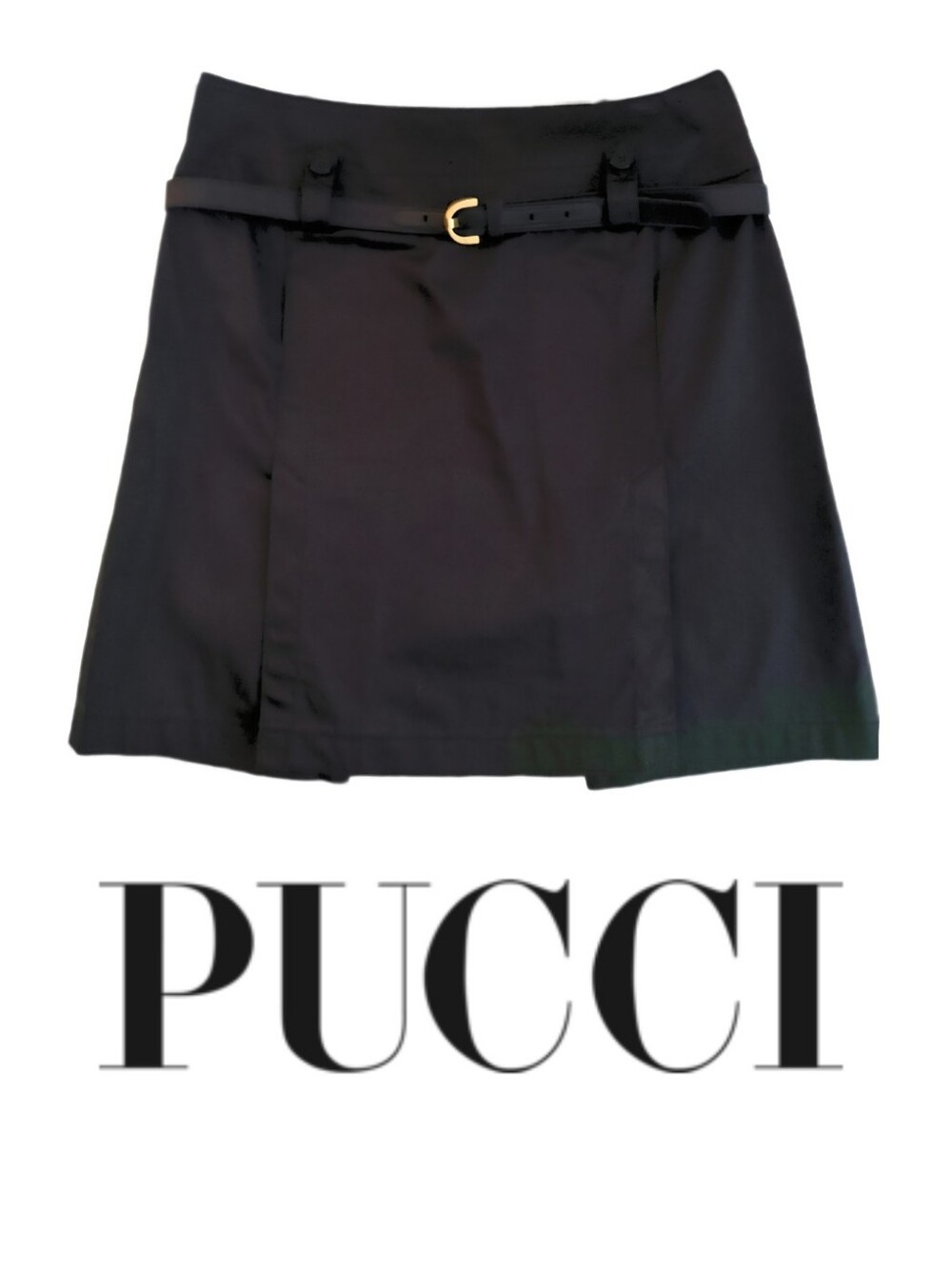 EMILIO PUCCI Black Cotton Sateen Belted Box Pleat Mini Skirt EUC 42 US 6